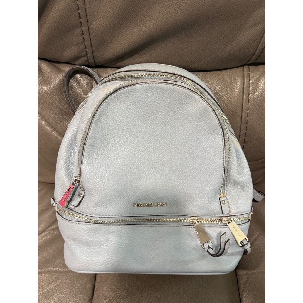 Michael Kors Pale Blue Leather Backpack Double Zip Front Pocket
